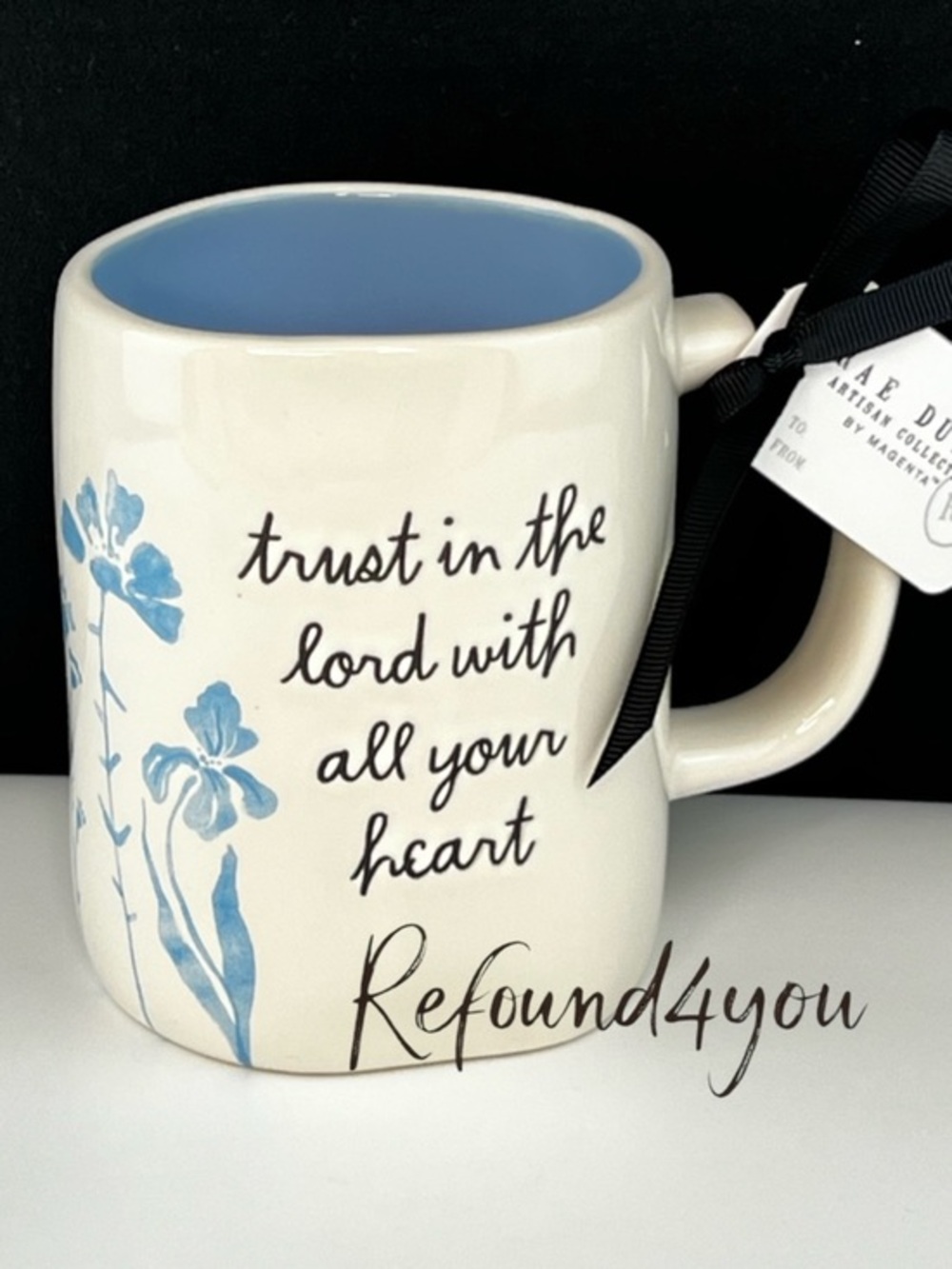 Rae Dunn White Ceramic Mug with Blue Interior and Floral Design